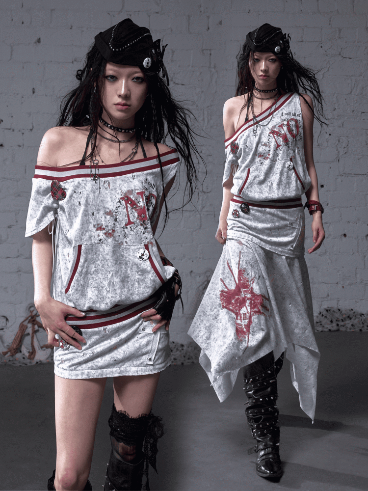 Asymmetrical Neckline Gray/White Wasteland Punk Distressed Dress with Detachable Handkerchief Hem