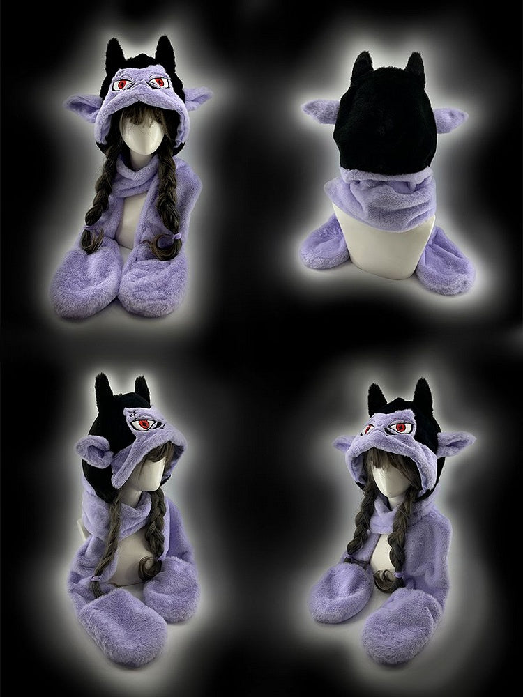 Black and Purple Vampire Gothic Winter Plush Hat with Scarf Gloves