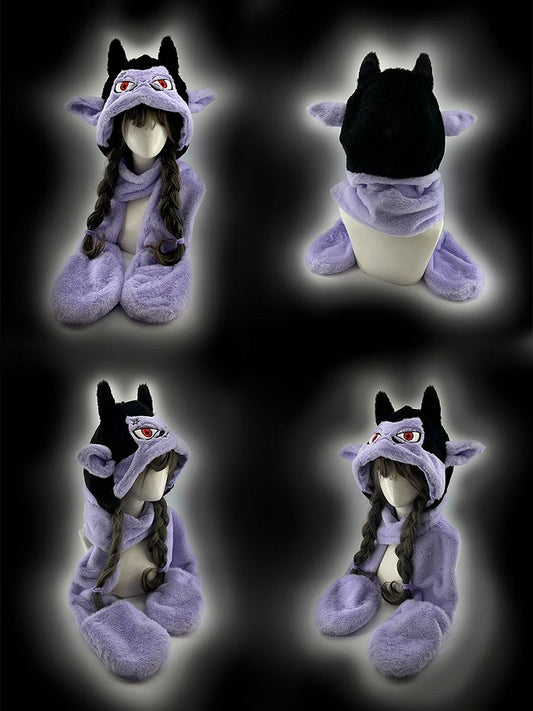 Black and Purple Vampire Gothic Winter Plush Hat with Scarf Gloves
