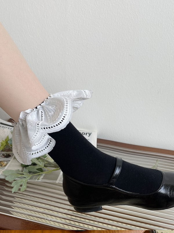 Black/White Calf Socks With Floral Embroidery Cuffs