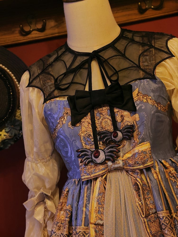 Black Spider Web Embroidery Organza Fake Collar with Detachable Butterfly and Moth Brooch