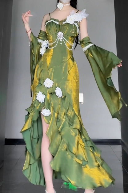 Clearance-Size XL for Bust 94CM Green Evening Gown Rosette Mermaid Dress with Detachable Flounce Sleeves