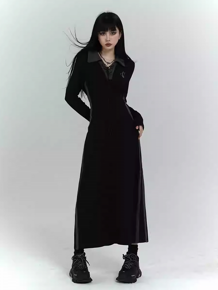 Gothic Black Dress with Lace-up Detail at Front