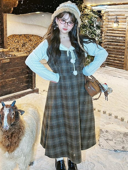 Plus Size Brown High Waist Plaid Pattern Woolen Overall Dress