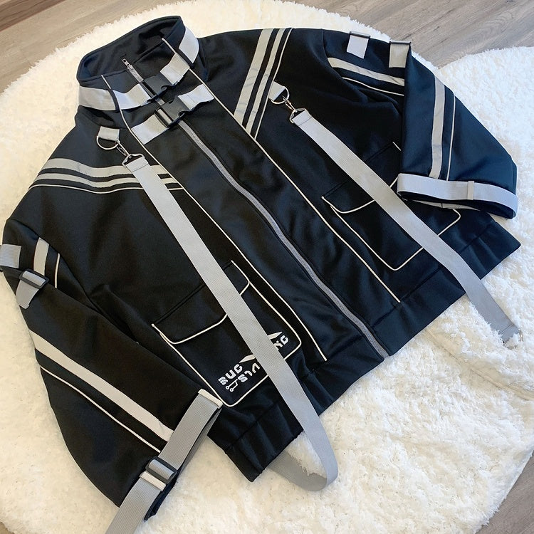 Black Futuristic Cyberpunk Buckle Strap Jersey Maid Jirai Kei Full Set