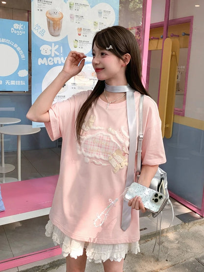 Adorable Bunny Embroidery Pink Round Neck Loose T-shirt