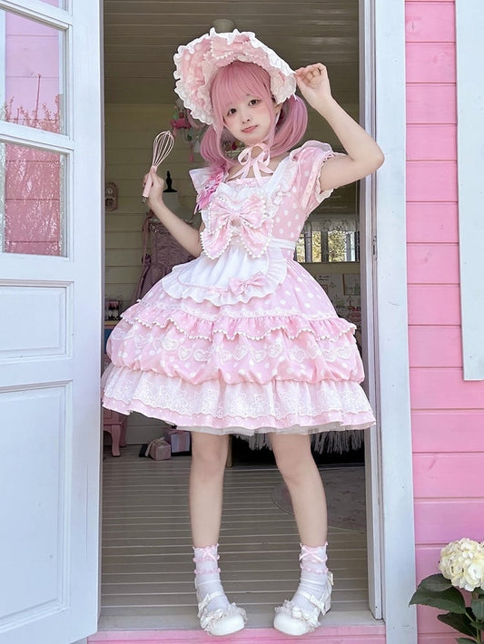 White Polka Dots Pink Square Neckline Lolita Short Sleeves Dress with Apron