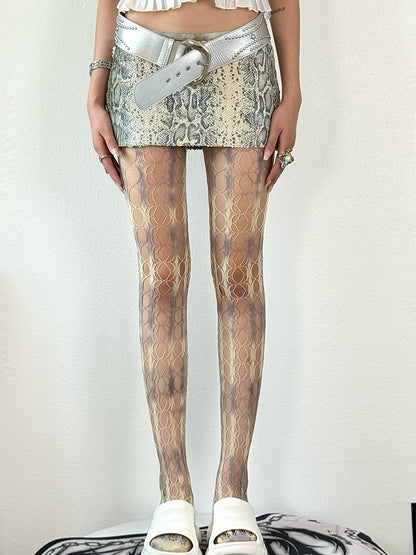 White&Gray Gyaru Fashion Tie Dye Hollow-out Details Tights