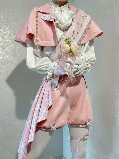 Pink and White Prince Ouji Lolita Outfit - White Shirt + Pink Cape + Pink High Waist Shorts