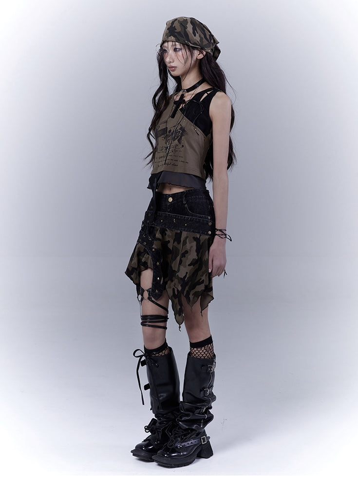 Army Green Lace-up Shoulder Asymmetrical Hem Wasteland Punk Tank Top