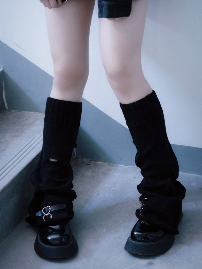 PU Buckles Gothic Black Distressed Holes Leg Warmers