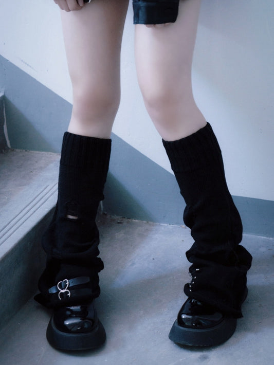 PU Buckles Gothic Black Distressed Holes Leg Warmers