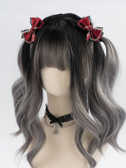 5 Colors Coffin Charm Gothic Cross Jirai Kei Bowknot Hairclips with Chain