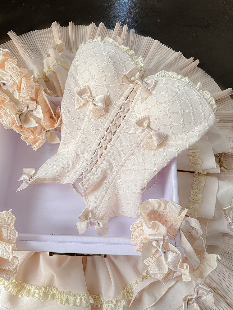 Cream-colored Sweet Lolita Diamond Pattern Corset Top + Skirt + Choker + Wrist Cuffs + KC Full Set