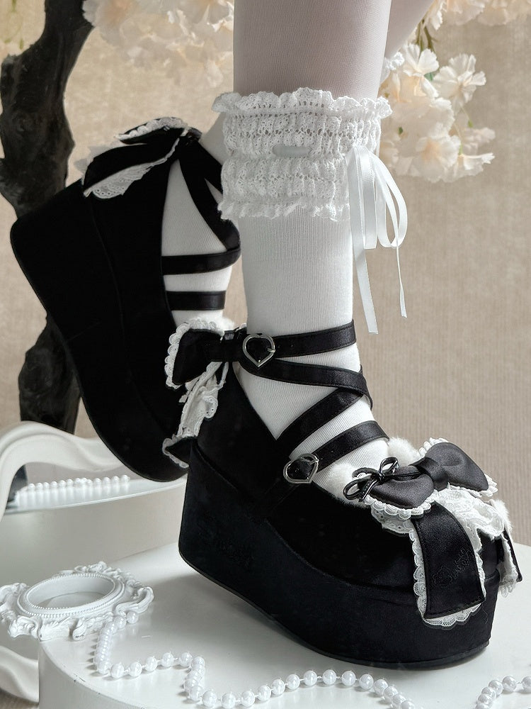 Plush Bear Ear Details, Bow Accents & Crisscross Design Satin Black Platform Shoes in Sweet Lolita