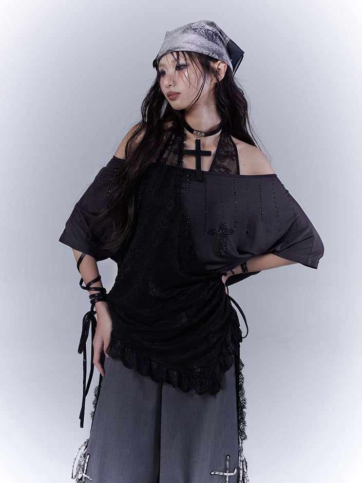 Black Cross Rhinestone Curved Hem Halter Neck T-shirt