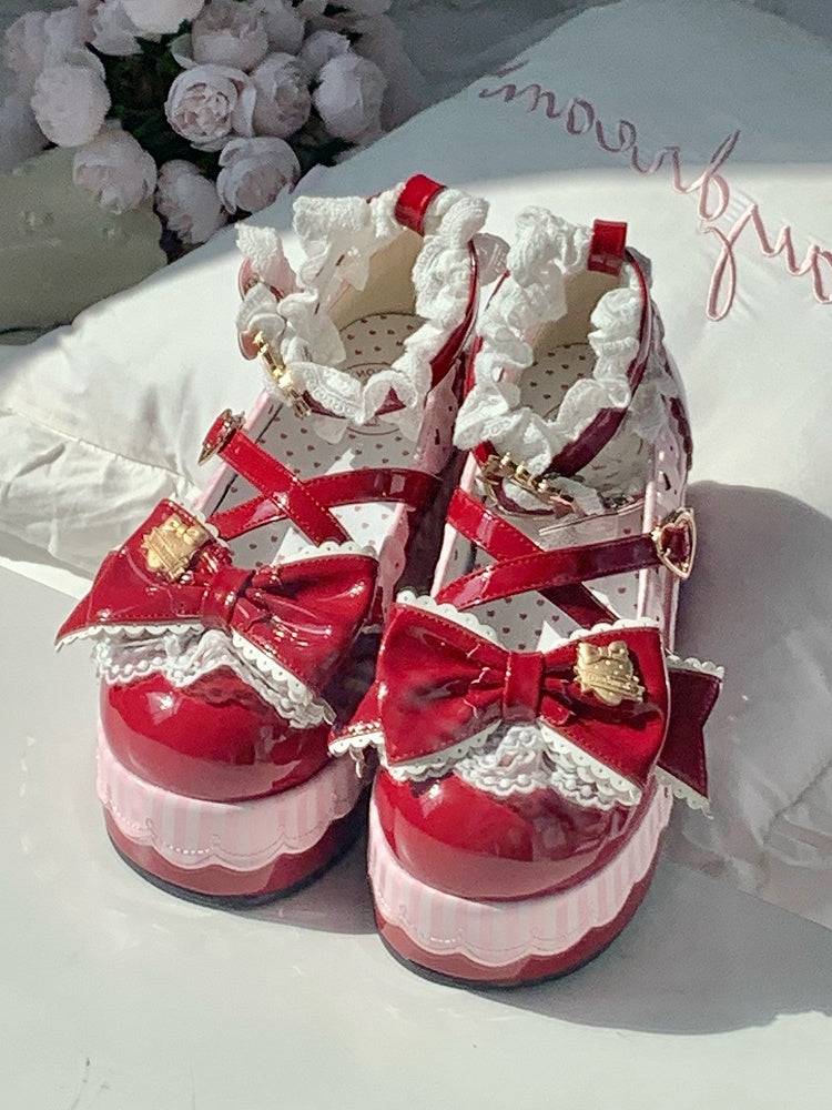 Wine Red Sweet Lolita Mary Janes - Platform Design with Strawberry Decor, Lace Trim & Romantic Clasp