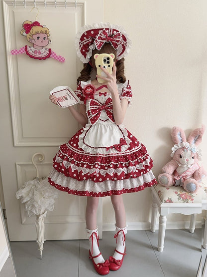White Polka Dots Red Square Neckline Lolita Short Sleeves Dress with Apron