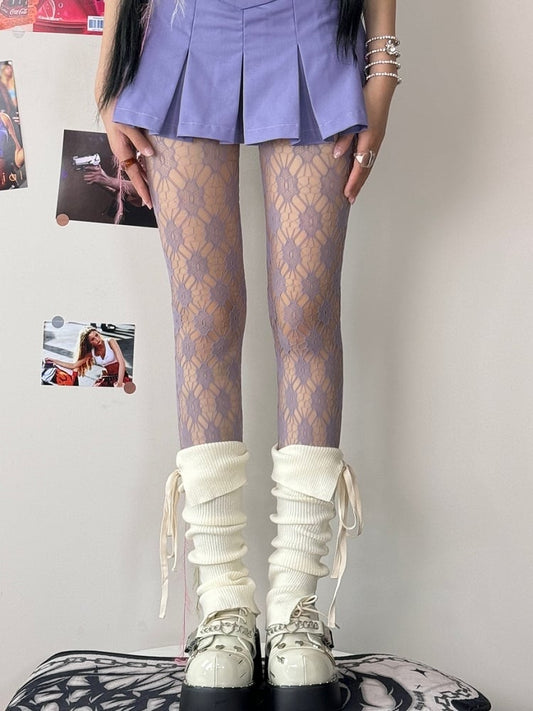 White/Purple Sweet Lolita Floral Pattern Tights