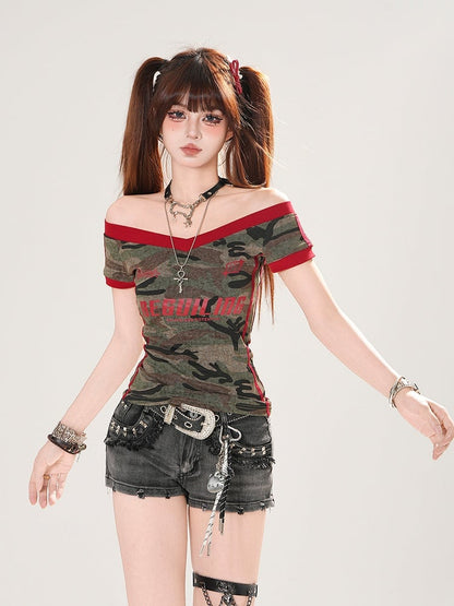 Navy Blue/Army Green Off-the-shoulder Neckline Letter Print T-shirt