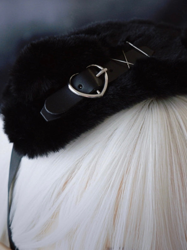 Black Cat Ear With Red Plaid Pattern Bowknot And Heart Buckle Details Hairband