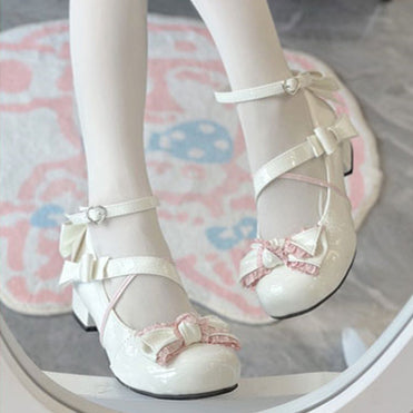 White and Pink Bow at Top 3cm Heel Sweet Round Toe Mary Janes