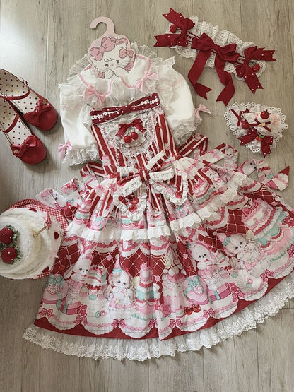 Bunny and Cherry Print Red Sweet Lolita Dress Jumper Skirt