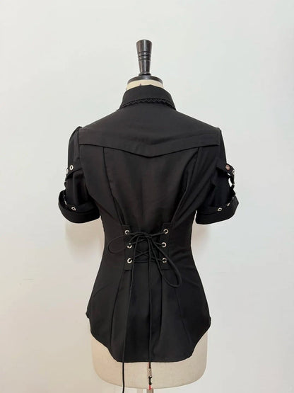 Black Ouji Lolita Fashion Lace-up Neckline Short Sleeves Shirt