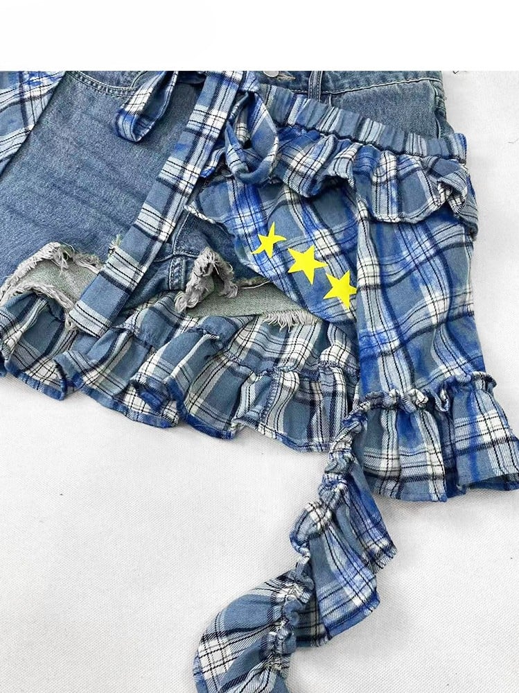 Blue Bittersweet Glamorous Set- Asymmetrical Hem Shorts + Plaid Pattern Star Print Skirt + Cross Applique Leg Warmers