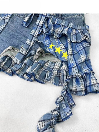 Blue Bittersweet Glamorous Set- Asymmetrical Hem Shorts + Plaid Pattern Star Print Skirt + Cross Applique Leg Warmers