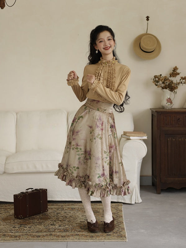 Vintage Purple Floral Print Ruffle Trim High Waist Skirt