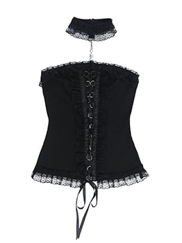 Black Lace-up Front Ruffled Lace Trim Halter Neck Glamorous Strapless Top