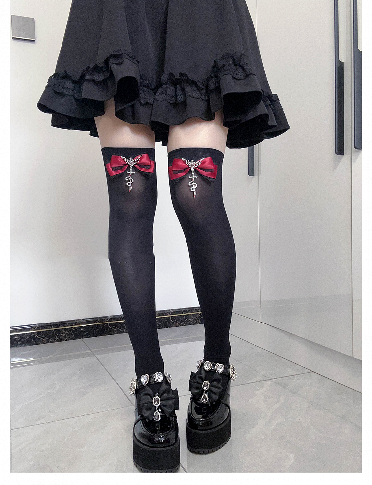 Gothic Red Metal Snake Bowknot Accents Jirai Kei Over Knee Stockings Regular/Long Version