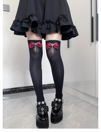 Gothic Red Metal Snake Bowknot Accents Jirai Kei Over Knee Stockings Regular/Long Version