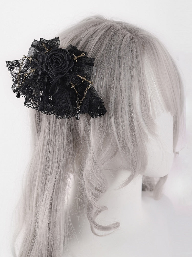 Gothic Swords and Bowknots Black Rosette Lace Hairclips