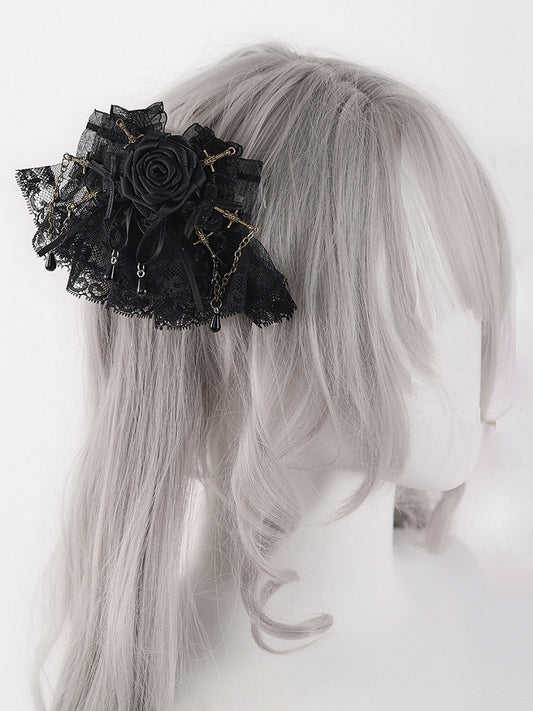 Gothic Swords and Bowknots Black Rosette Lace Hairclips