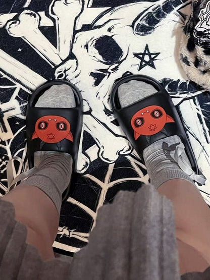 Black Gothic Summer Slippers With Red Devil Applique