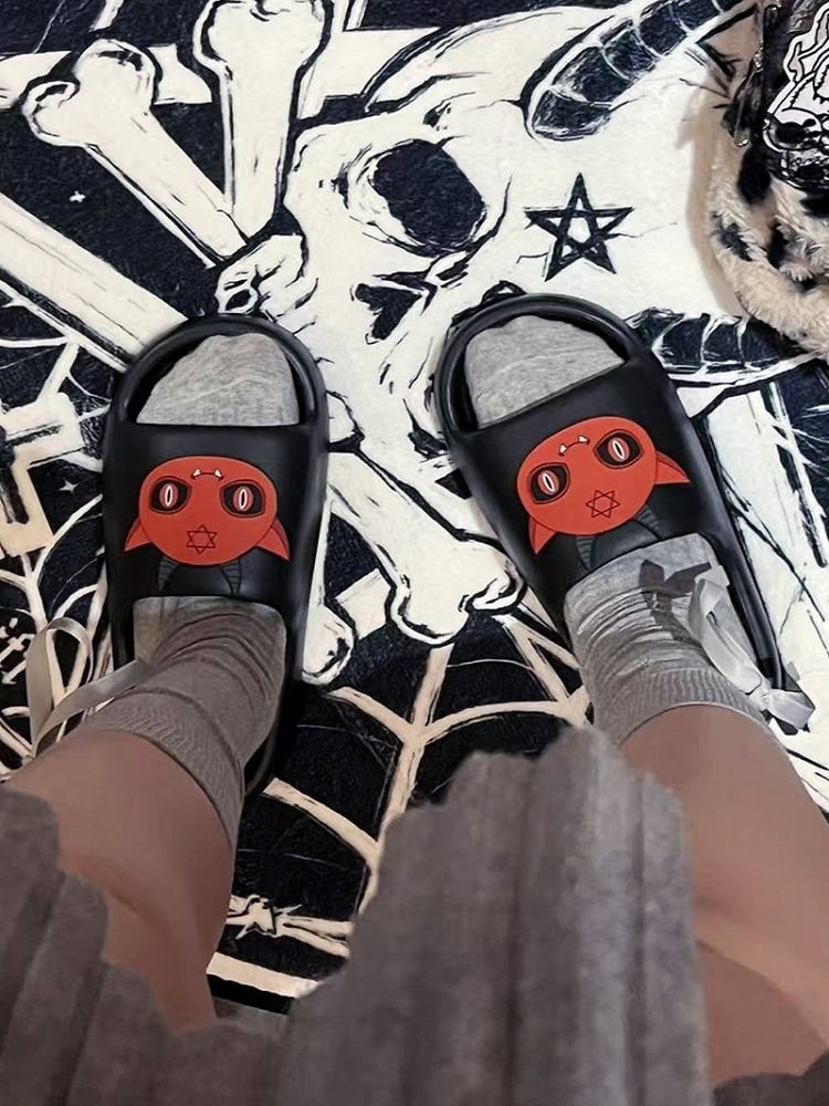Black Gothic Summer Slippers With Red Devil Applique