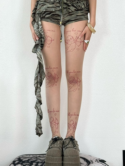 Nude Cupid And Letter Print Tights