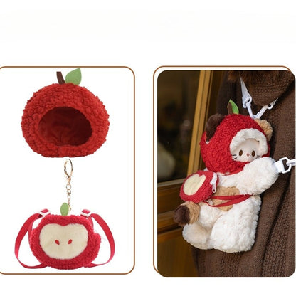 White Kitty-shaped Plush Backpack/Crossbody Bag + Red Apple Hat + Apple Backpack Keychain Middle/Large Size