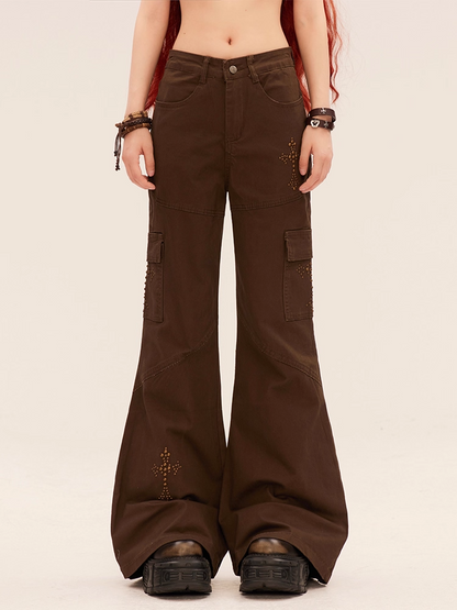 Brown Low Waist Cross Rhinestones Vintage Flared Pants