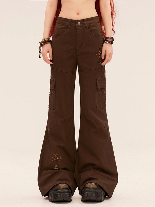 Brown Low Waist Cross Rhinestones Vintage Flared Pants