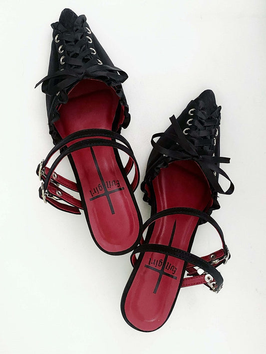 Black Lace-up Detail Pointed Toe Gothic Slingback Sandals