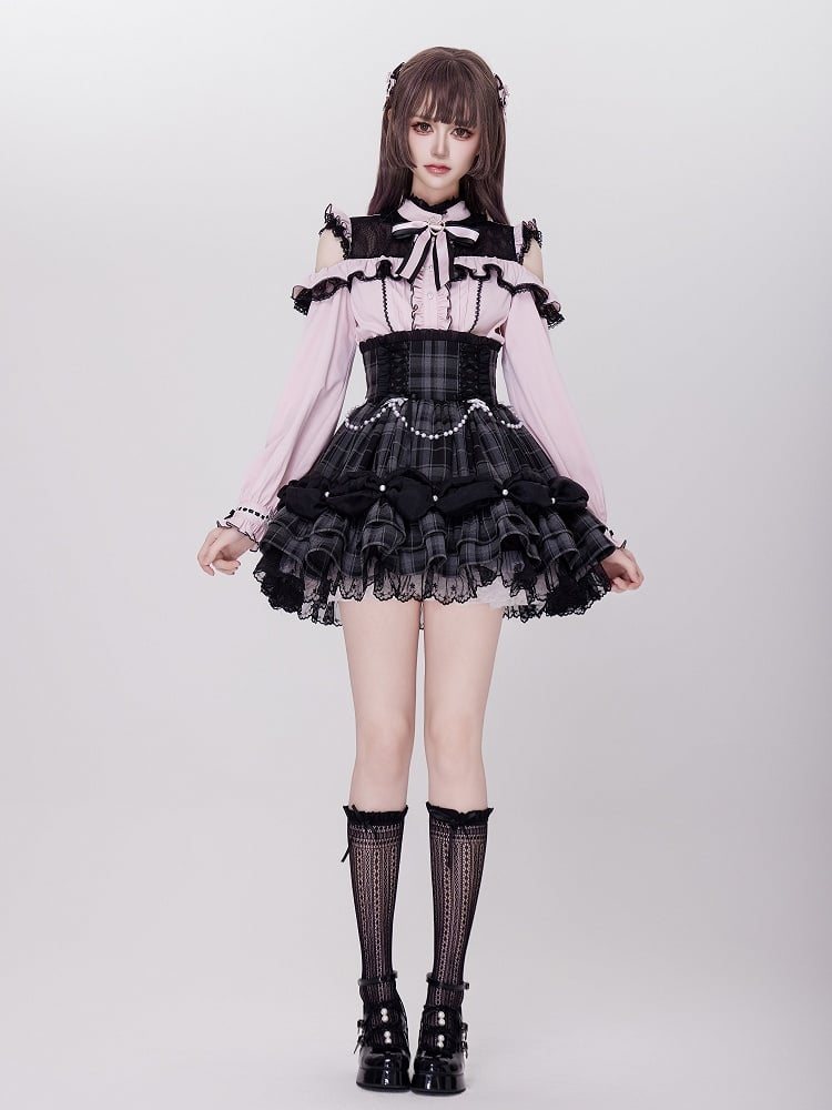 Bead Chain and Bow Accents Adorned High Waist Jirai Kei All Grey Plaid Skirt