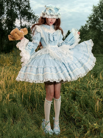 Baby Blue Lace Trims Cotton Dress Old School Lolita OP Full Set