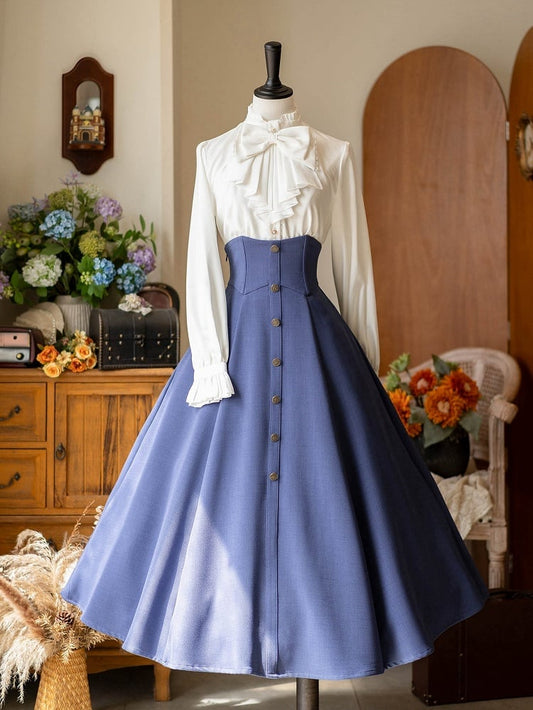 Indigo Blue Corset Belt High Waist Retro Midi Skirt with Button Accents
