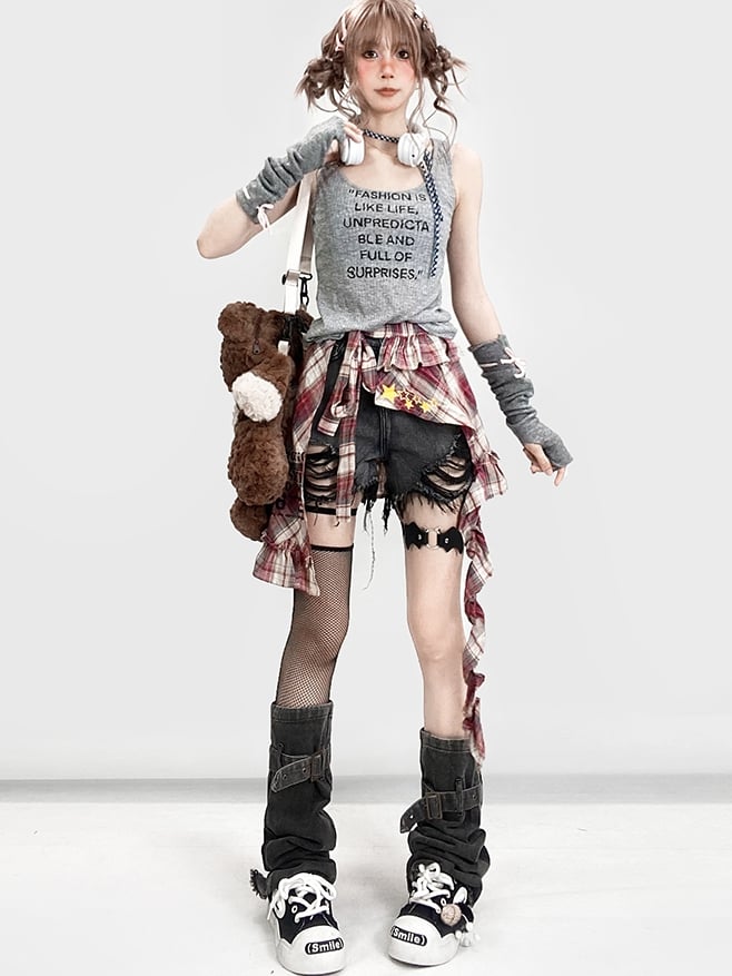 Y2K Bittersweet Black Distressed Holes Design Shorts + Leg Warmers + Red Plaid Accessory
