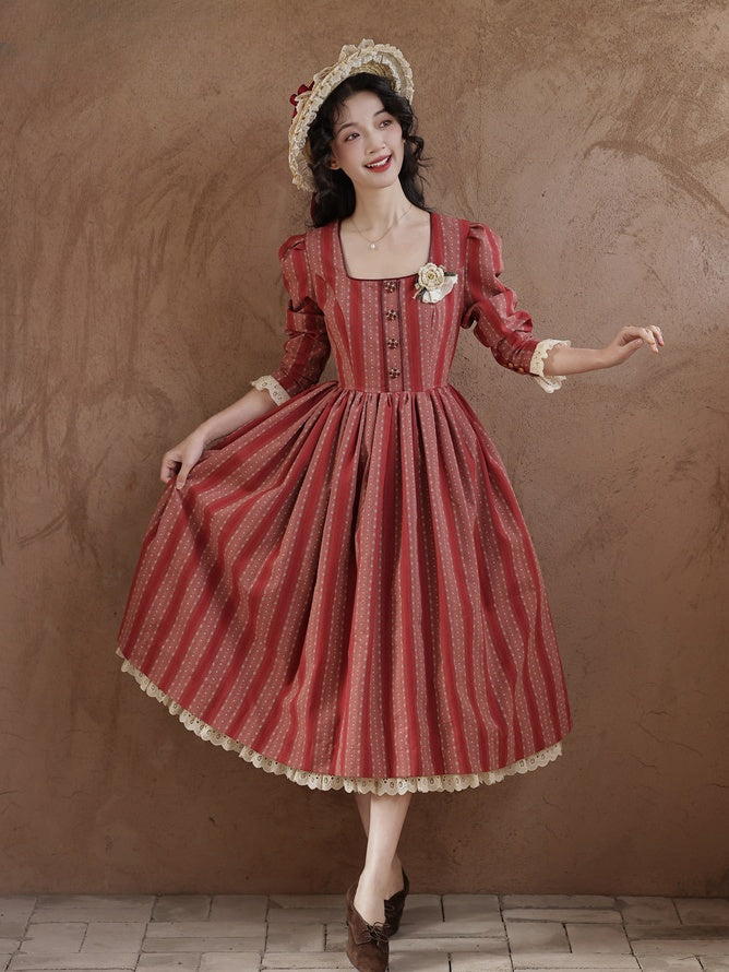 Red Vintage Striped Pattern Lace Trim Square Neckline Dress