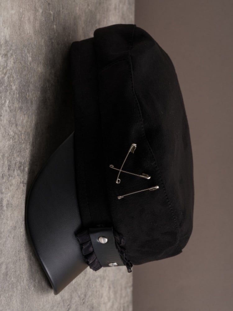 Black Gothic Pin Decorated Ruffled Trim Beret Hat