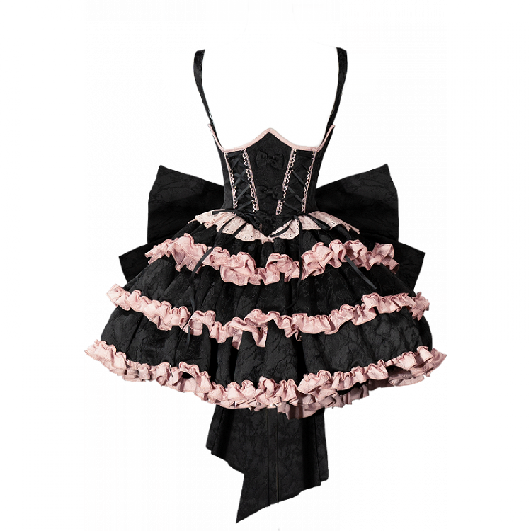 Black and Pink Boned Corset Waist Ruffle Skirt Lolita Dress with Large Bow Back